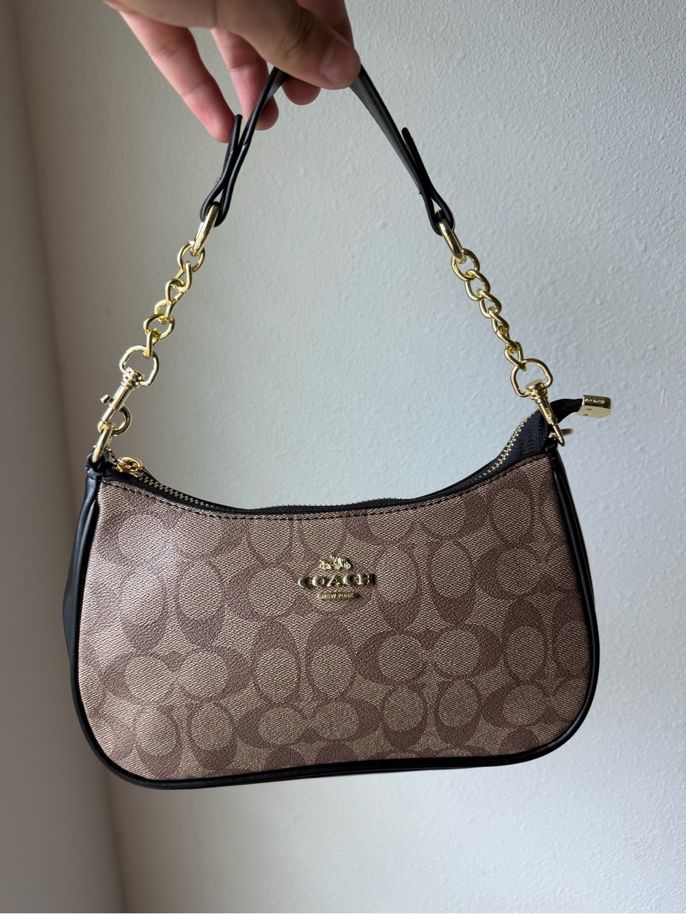 Coach Tan/Brown Signature Mini Shoulder Bag with Gold Chain